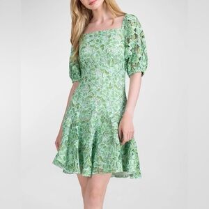 Shoshanna Layne Lace Puff-Sleeve Mini dress Green Light Blue Sz 12